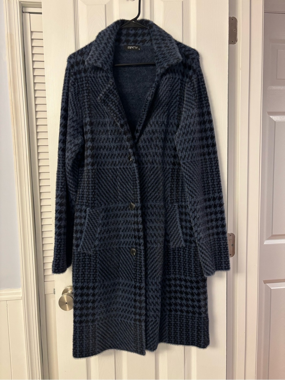 APNY Navy Houndstooth-Check Long Sweater Coat Sz Small